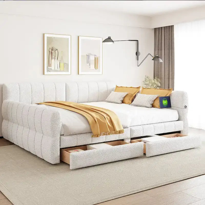 Queen Size Daybed Upholstered Platform Sofa Bed with USB and 2 Drawers, Vertical Stripes Recliner Bed Loveseat Chaise Lounge