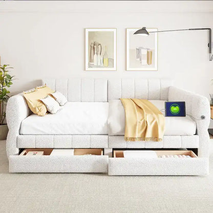 Queen Size Daybed Upholstered Platform Sofa Bed with USB and 2 Drawers, Vertical Stripes Recliner Bed Loveseat Chaise Lounge