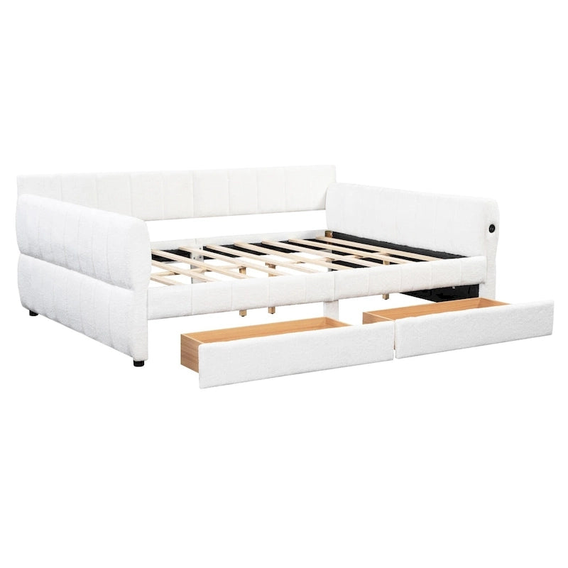 Queen Size Daybed Upholstered Platform Sofa Bed with USB and 2 Drawers, Vertical Stripes Recliner Bed Loveseat Chaise Lounge