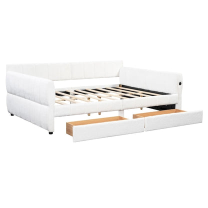 Queen Size Daybed Upholstered Platform Sofa Bed with USB and 2 Drawers, Vertical Stripes Recliner Bed Loveseat Chaise Lounge