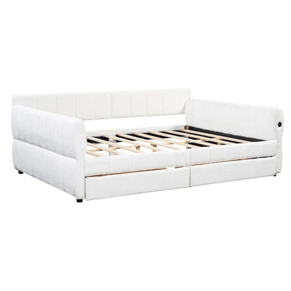 Queen Size Daybed Upholstered Platform Sofa Bed with USB and 2 Drawers, Vertical Stripes Recliner Bed Loveseat Chaise Lounge