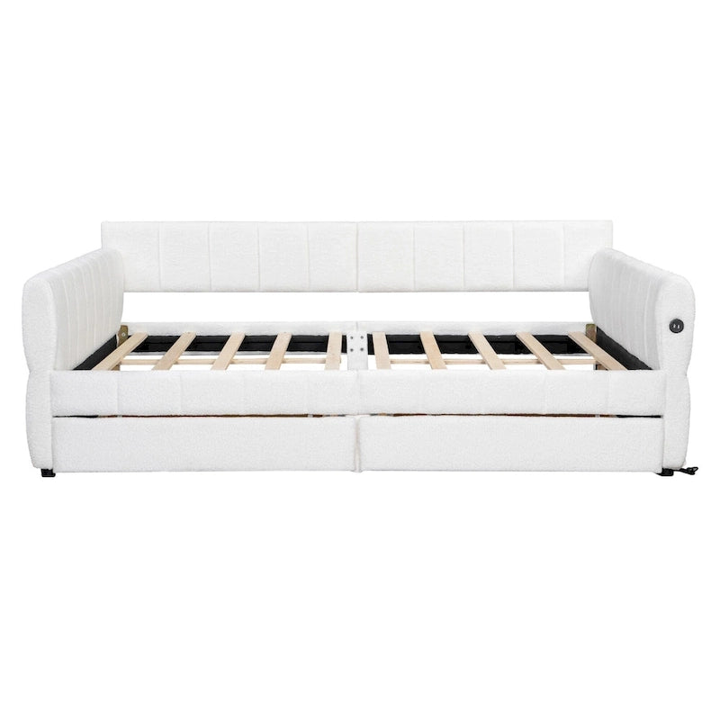 Queen Size Daybed Upholstered Platform Sofa Bed with USB and 2 Drawers, Vertical Stripes Recliner Bed Loveseat Chaise Lounge
