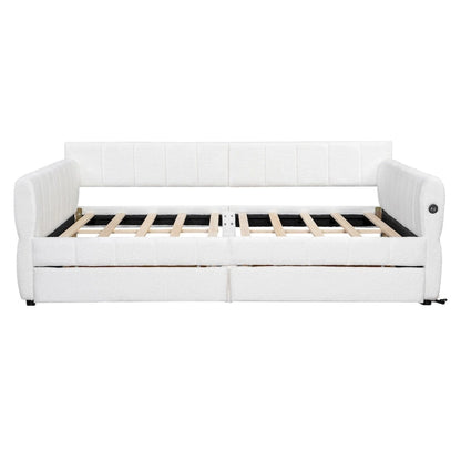 Queen Size Daybed Upholstered Platform Sofa Bed with USB and 2 Drawers, Vertical Stripes Recliner Bed Loveseat Chaise Lounge