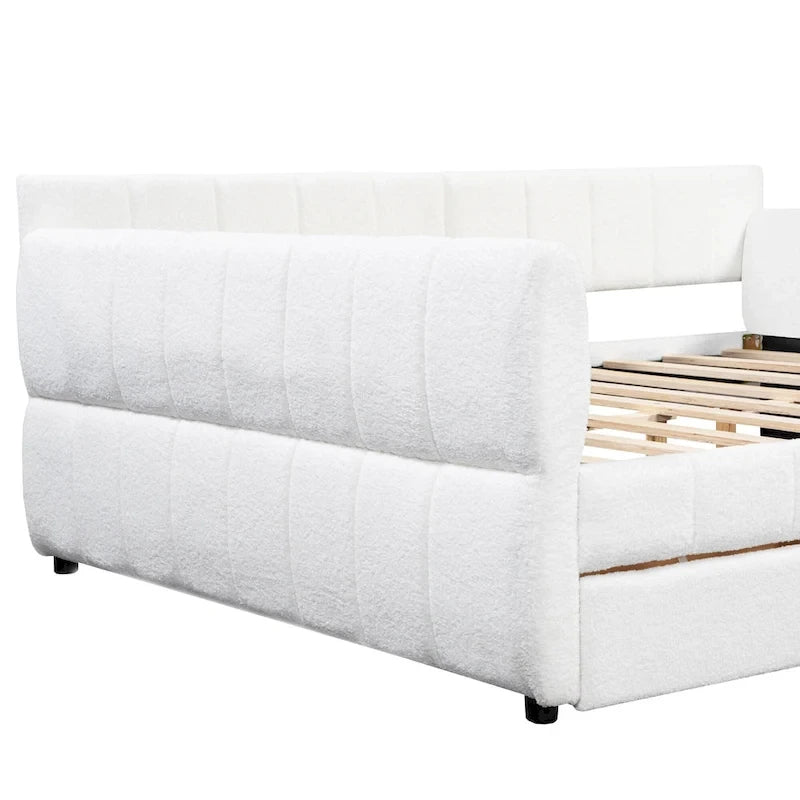Queen Size Daybed Upholstered Platform Sofa Bed with USB and 2 Drawers, Vertical Stripes Recliner Bed Loveseat Chaise Lounge