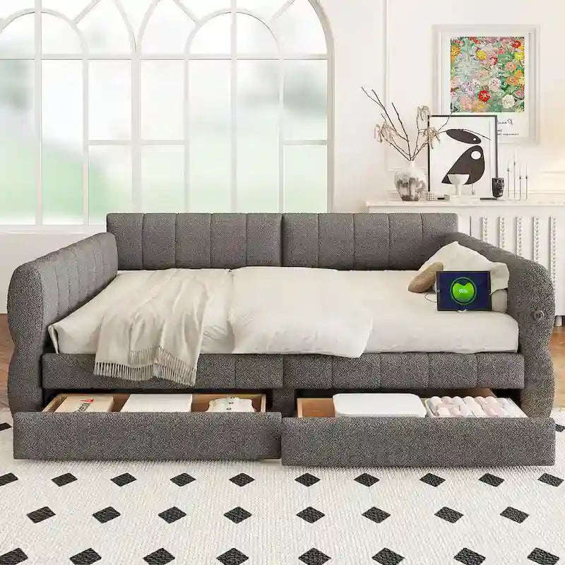 Queen Size Daybed Upholstered Platform Sofa Bed with USB and 2 Drawers, Vertical Stripes Recliner Bed Loveseat Chaise Lounge