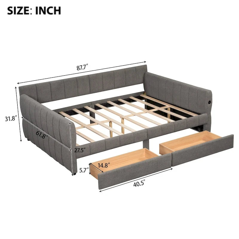 Queen Size Daybed Upholstered Platform Sofa Bed with USB and 2 Drawers, Vertical Stripes Recliner Bed Loveseat Chaise Lounge