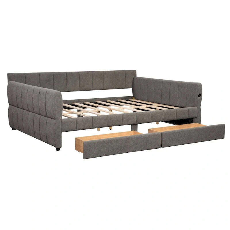 Queen Size Daybed Upholstered Platform Sofa Bed with USB and 2 Drawers, Vertical Stripes Recliner Bed Loveseat Chaise Lounge