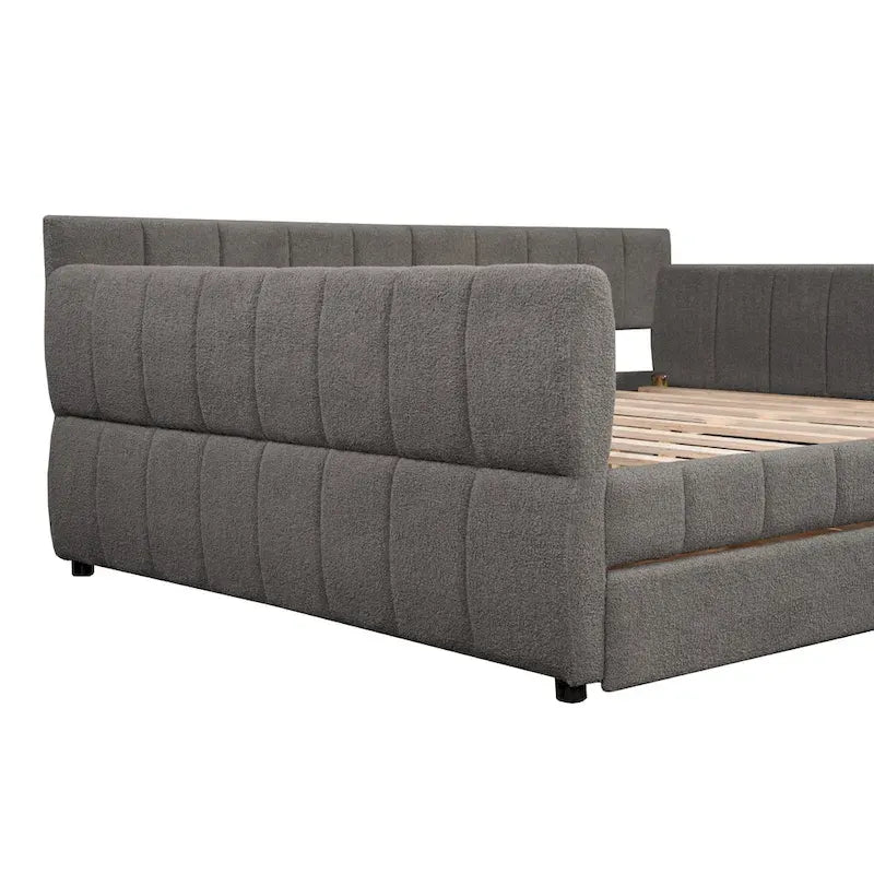 Queen Size Daybed Upholstered Platform Sofa Bed with USB and 2 Drawers, Vertical Stripes Recliner Bed Loveseat Chaise Lounge
