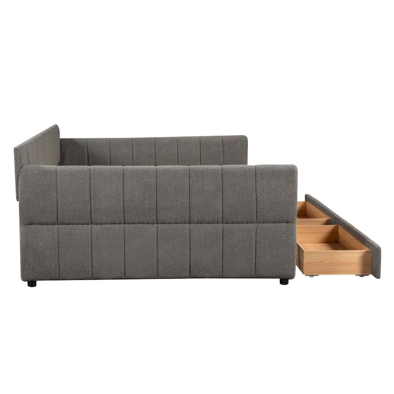 Queen Size Daybed Upholstered Platform Sofa Bed with USB and 2 Drawers, Vertical Stripes Recliner Bed Loveseat Chaise Lounge