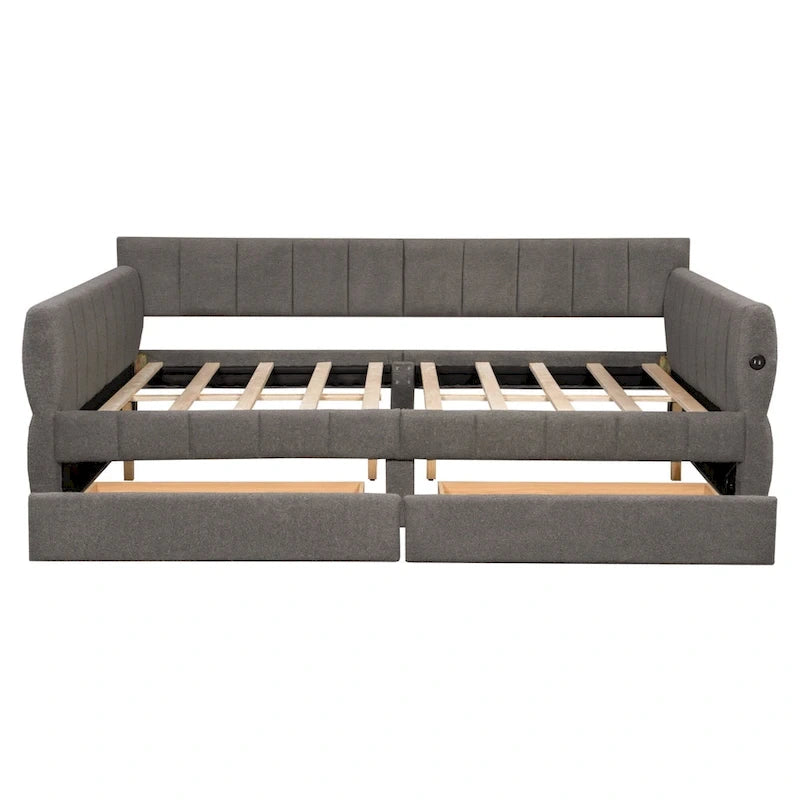 Queen Size Daybed Upholstered Platform Sofa Bed with USB and 2 Drawers, Vertical Stripes Recliner Bed Loveseat Chaise Lounge