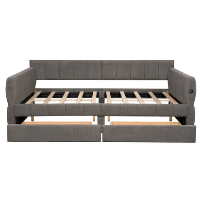 Queen Size Daybed Upholstered Platform Sofa Bed with USB and 2 Drawers, Vertical Stripes Recliner Bed Loveseat Chaise Lounge