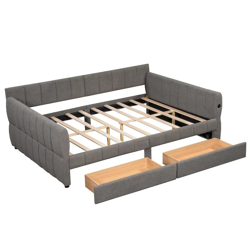 Queen Size Daybed Upholstered Platform Sofa Bed with USB and 2 Drawers, Vertical Stripes Recliner Bed Loveseat Chaise Lounge