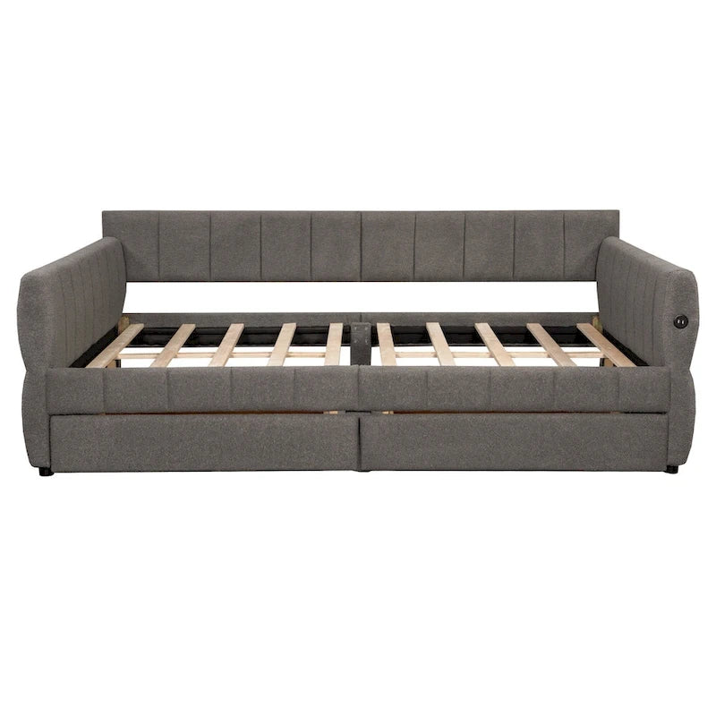Queen Size Daybed Upholstered Platform Sofa Bed with USB and 2 Drawers, Vertical Stripes Recliner Bed Loveseat Chaise Lounge