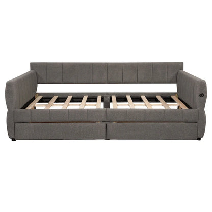 Queen Size Daybed Upholstered Platform Sofa Bed with USB and 2 Drawers, Vertical Stripes Recliner Bed Loveseat Chaise Lounge
