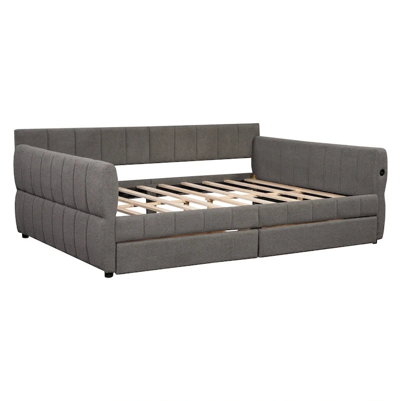 Queen Size Daybed Upholstered Platform Sofa Bed with USB and 2 Drawers, Vertical Stripes Recliner Bed Loveseat Chaise Lounge