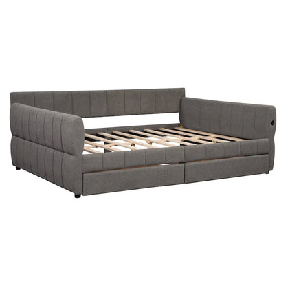 Queen Size Daybed Upholstered Platform Sofa Bed with USB and 2 Drawers, Vertical Stripes Recliner Bed Loveseat Chaise Lounge
