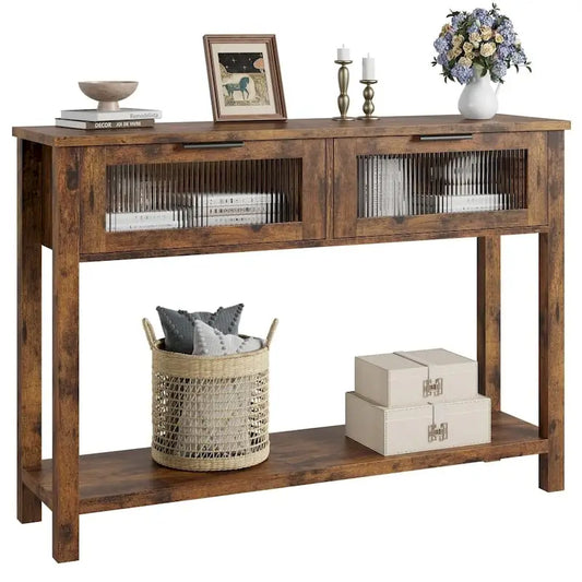 Farmhouse Console Table with 2 Glass Drawers & Shelf