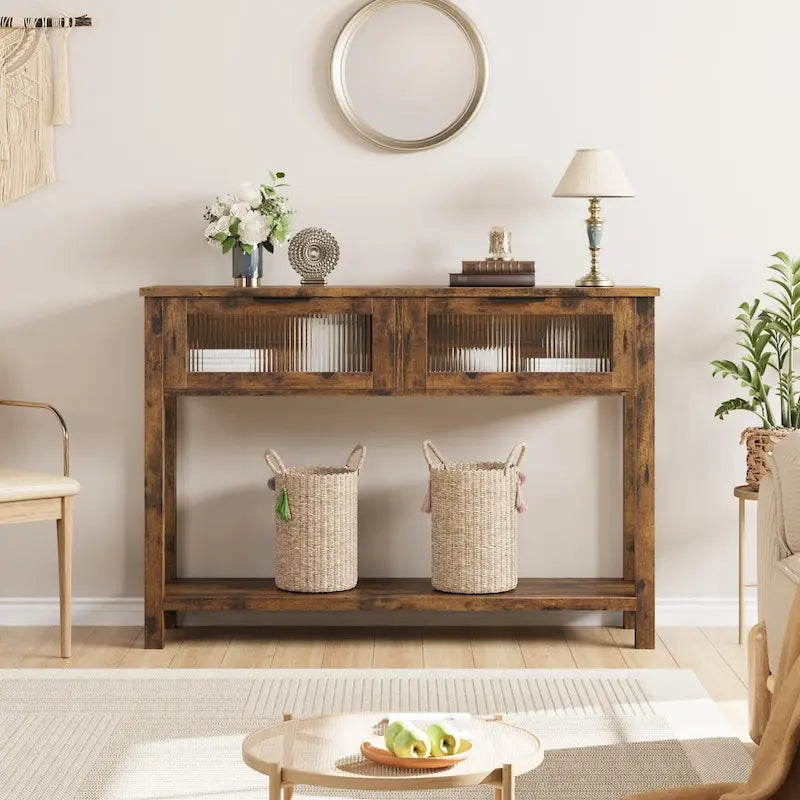 Farmhouse Console Table with 2 Glass Drawers & Shelf