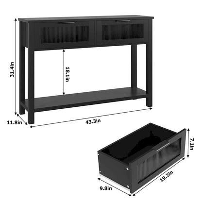 Farmhouse Console Table with 2 Glass Drawers & Shelf
