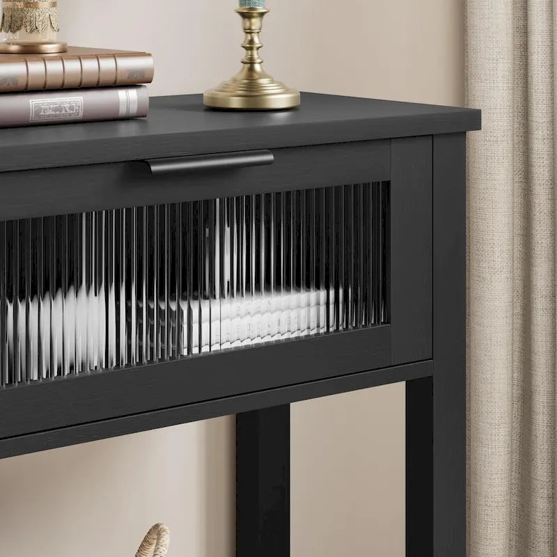 Farmhouse Console Table with 2 Glass Drawers & Shelf