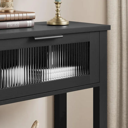 Farmhouse Console Table with 2 Glass Drawers & Shelf