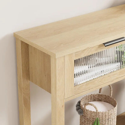 Farmhouse Console Table with 2 Glass Drawers & Shelf