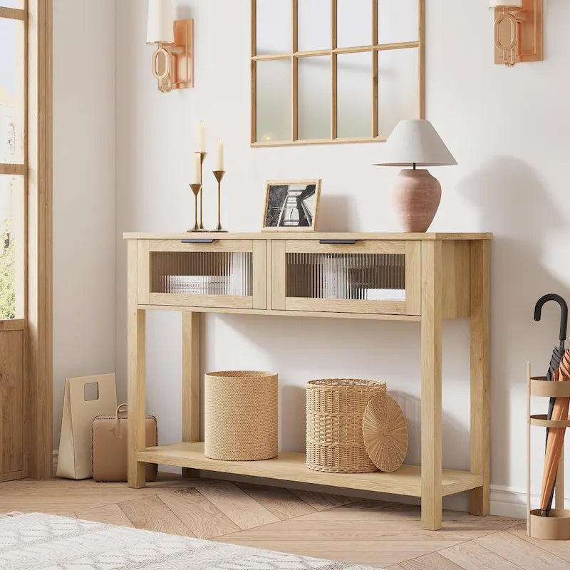 Farmhouse Console Table with 2 Glass Drawers & Shelf