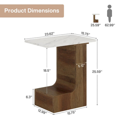 2-Tier C-Shaped Sofa Side Table, Bedside End Table with Faux Marble Tabletop, C Table for Sofa, Bedroom, Living Room