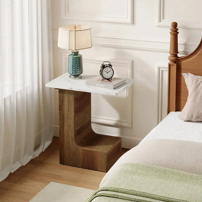 2-Tier C-Shaped Sofa Side Table, Bedside End Table with Faux Marble Tabletop, C Table for Sofa, Bedroom, Living Room