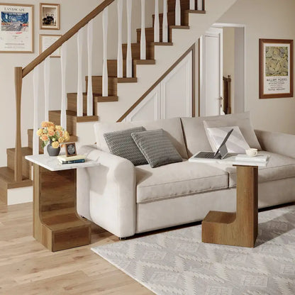 2-Tier C-Shaped Sofa Side Table, Bedside End Table with Faux Marble Tabletop, C Table for Sofa, Bedroom, Living Room