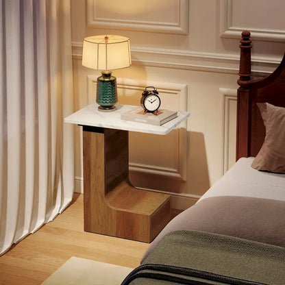2-Tier C-Shaped Sofa Side Table, Bedside End Table with Faux Marble Tabletop, C Table for Sofa, Bedroom, Living Room
