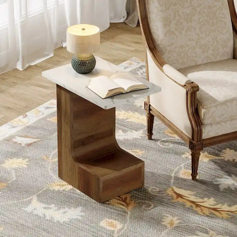 2-Tier C-Shaped Sofa Side Table, Bedside End Table with Faux Marble Tabletop, C Table for Sofa, Bedroom, Living Room