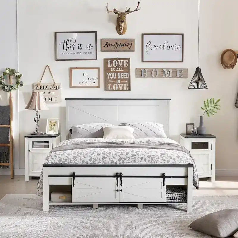 Farmhouse Queen Size Wood Bed Frame , with Cabinets and Headboard