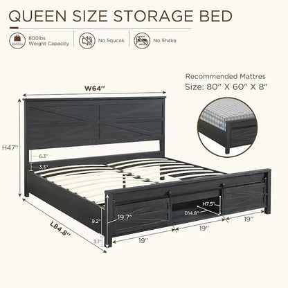 Farmhouse Queen Size Wood Bed Frame , with Cabinets and Headboard