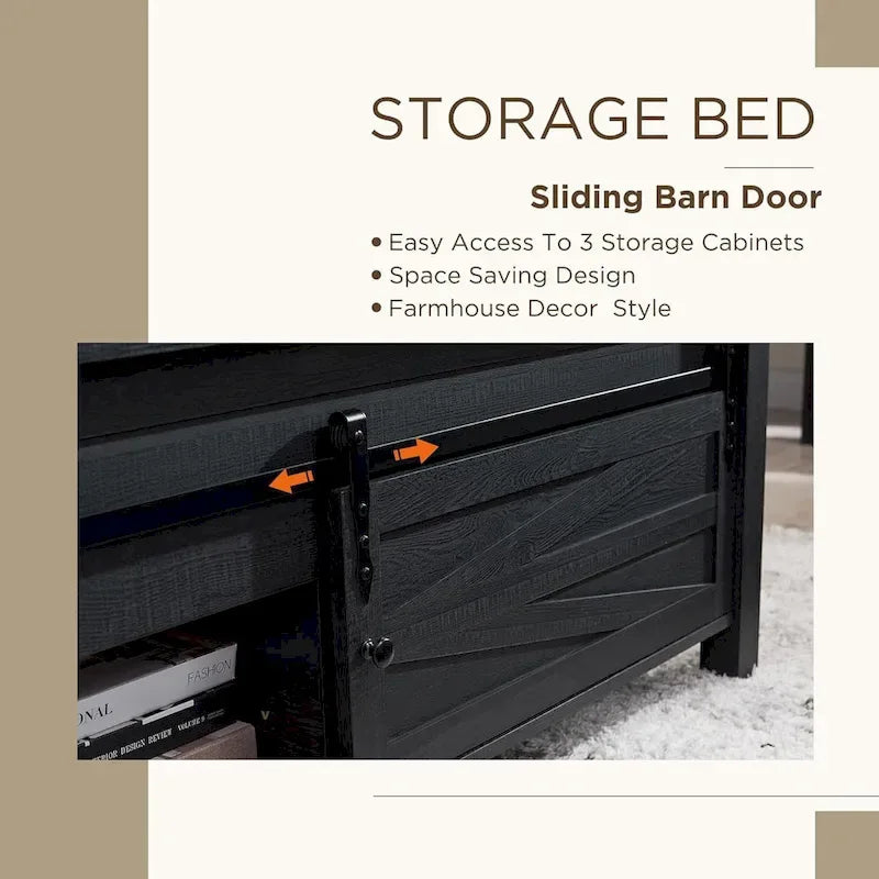 Farmhouse Queen Size Wood Bed Frame , with Cabinets and Headboard