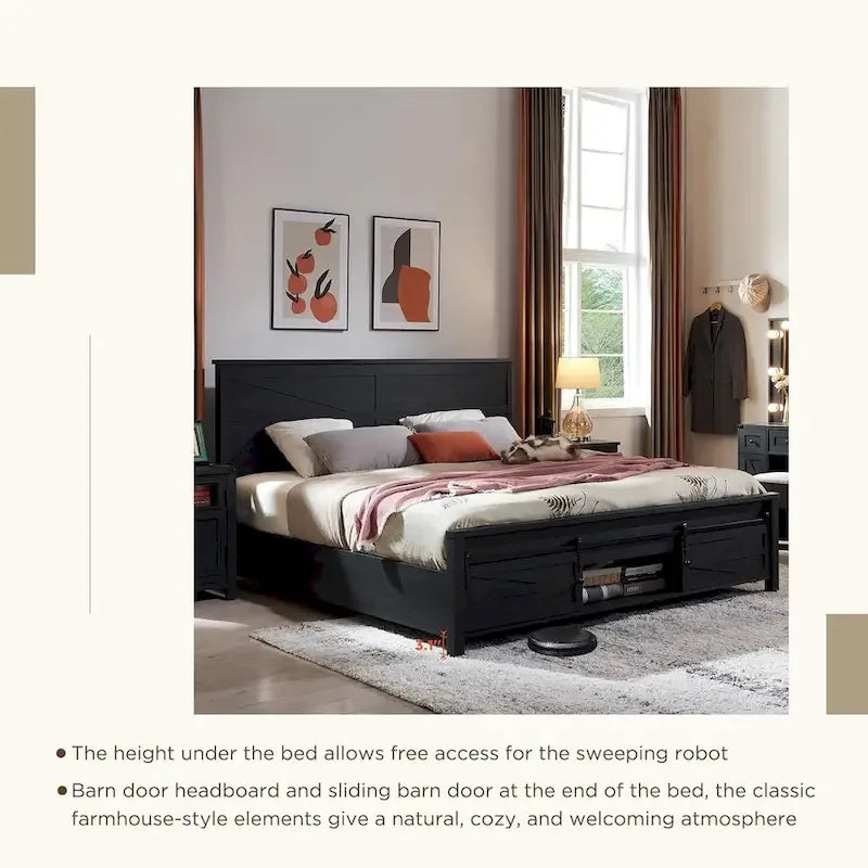 Farmhouse Queen Size Wood Bed Frame , with Cabinets and Headboard