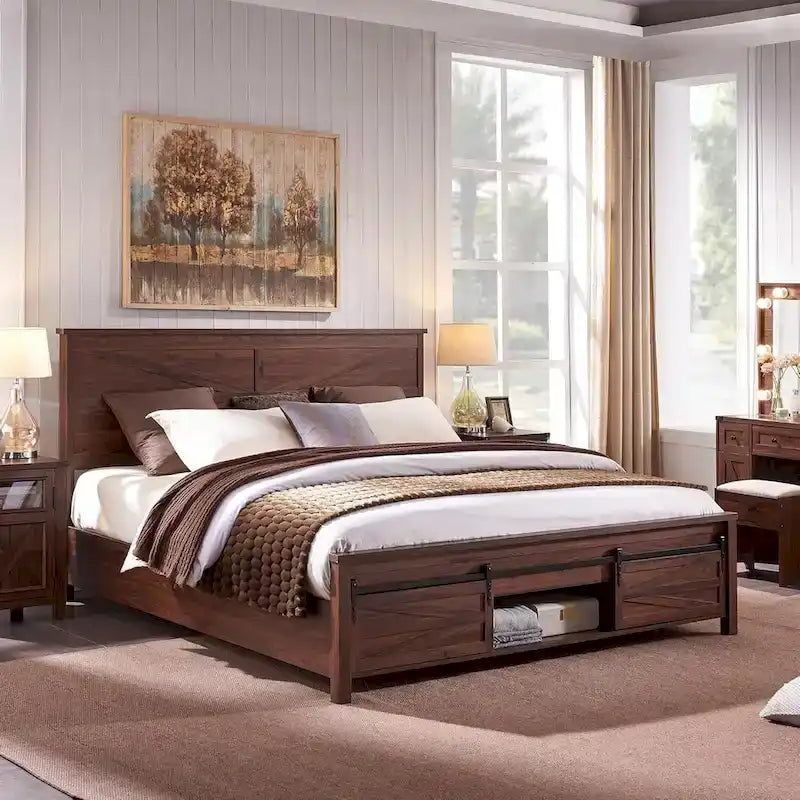 Farmhouse Queen Size Wood Bed Frame , with Cabinets and Headboard