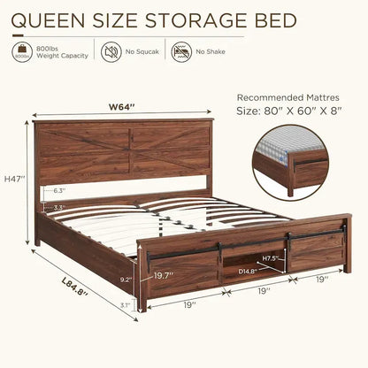 Farmhouse Queen Size Wood Bed Frame , with Cabinets and Headboard