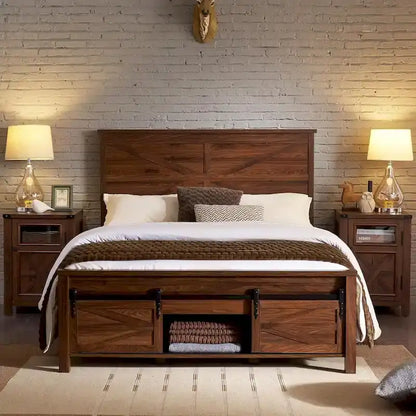 Farmhouse Queen Size Wood Bed Frame , with Cabinets and Headboard