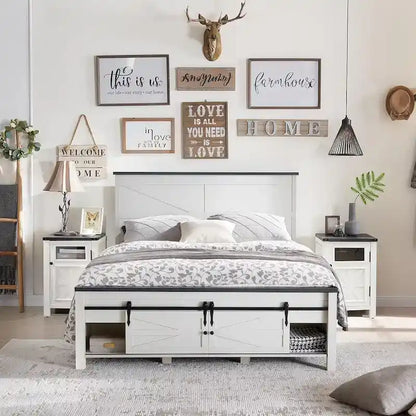 Farmhouse Queen Size Wood Bed Frame , with Cabinets and Headboard