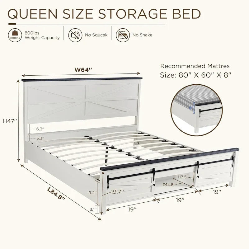 Farmhouse Queen Size Wood Bed Frame , with Cabinets and Headboard