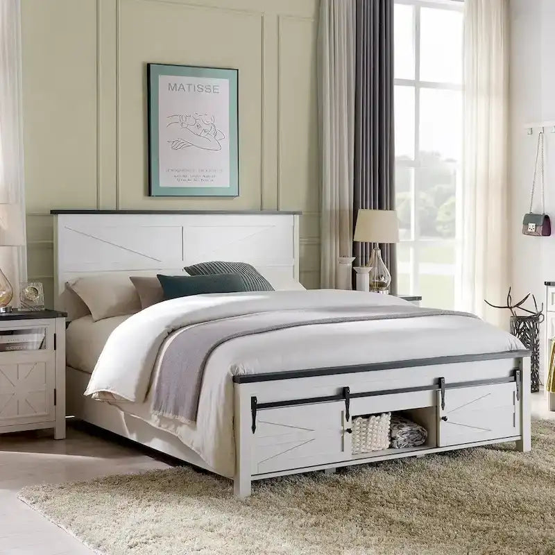 Farmhouse Queen Size Wood Bed Frame , with Cabinets and Headboard