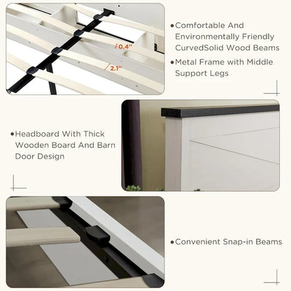 Farmhouse Queen Size Wood Bed Frame , with Cabinets and Headboard