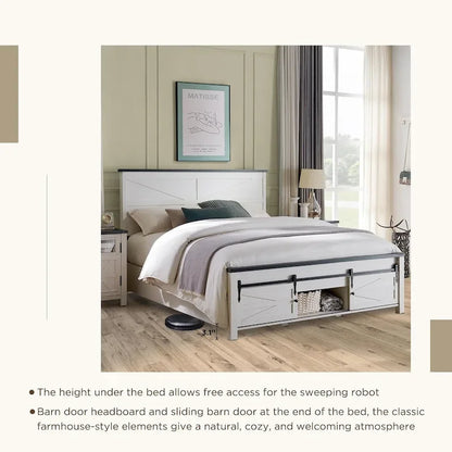 Farmhouse Queen Size Wood Bed Frame , with Cabinets and Headboard