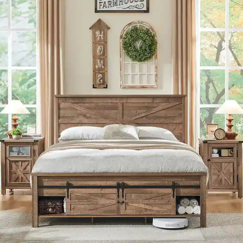 Farmhouse Queen Size Wood Bed Frame , with Cabinets and Headboard