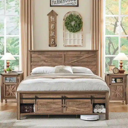 Farmhouse Queen Size Wood Bed Frame , with Cabinets and Headboard