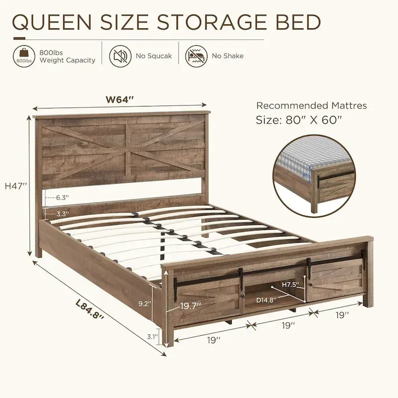 Farmhouse Queen Size Wood Bed Frame , with Cabinets and Headboard