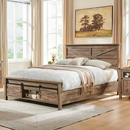 Farmhouse Queen Size Wood Bed Frame , with Cabinets and Headboard