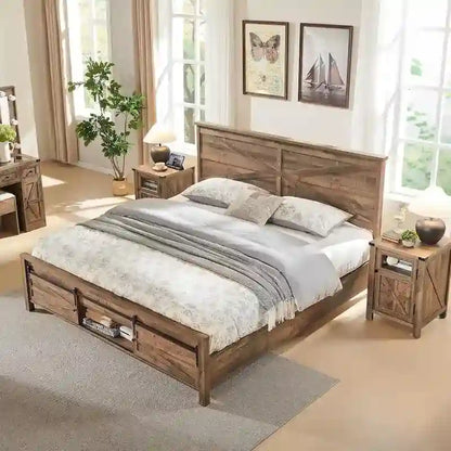 Farmhouse Queen Size Wood Bed Frame , with Cabinets and Headboard