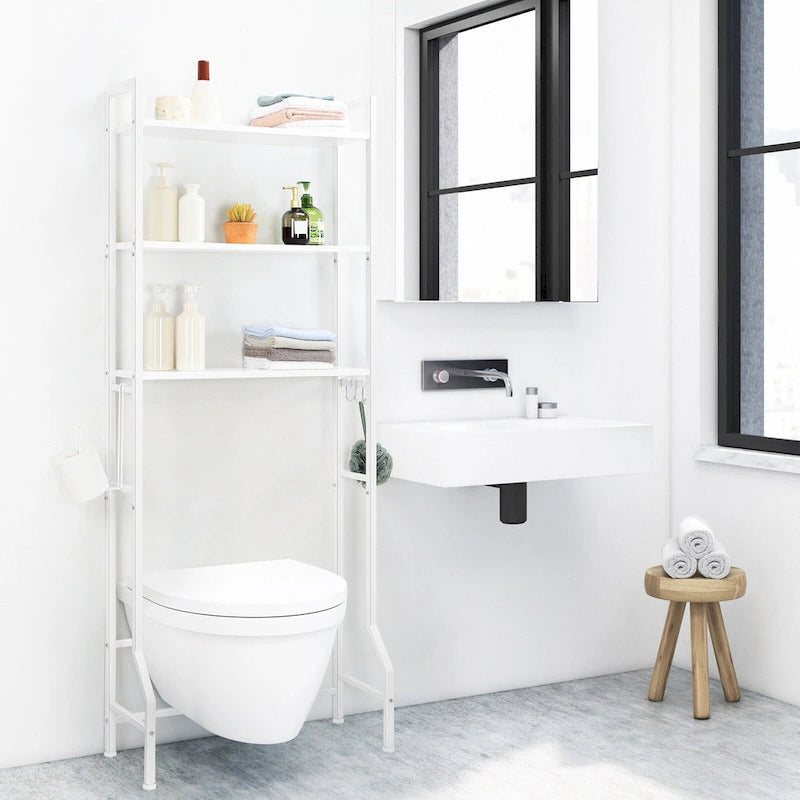 3 Tier Above Toilet Storage Rack for Bathroom with Metal Frame and Hooks